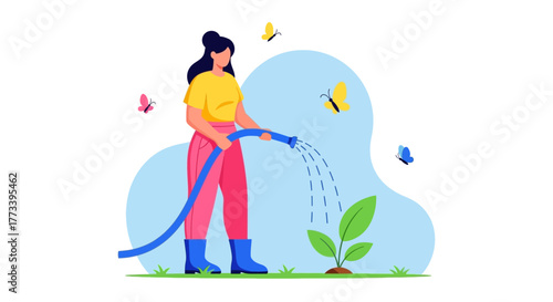 Gardening Illustration of a Woman Watering a Plant with Butterflies Fluttering Around
