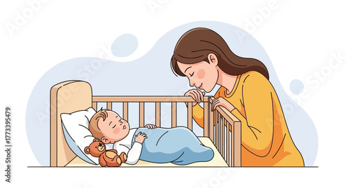 Tender moment of a loving mother gazing at her peacefully sleeping baby in a cozy crib, illustrating maternal care and affection