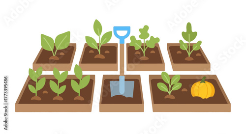 Vegetable Garden Plants, Shovels, and Pumpkin Icons