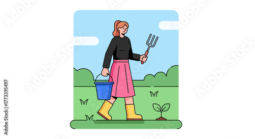 Woman gardener with bucket and garden fork planting in the field