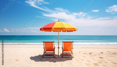 Beautiful tropical beach scene with two empty lounge chairs and a colorful umbrella under a clear blue sky with gentle waves rolling in