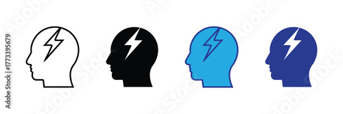Set of four icons representing a human head with a lightning bolt inside, symbolizing ideas, energy, and brainstorming, isolated on white background