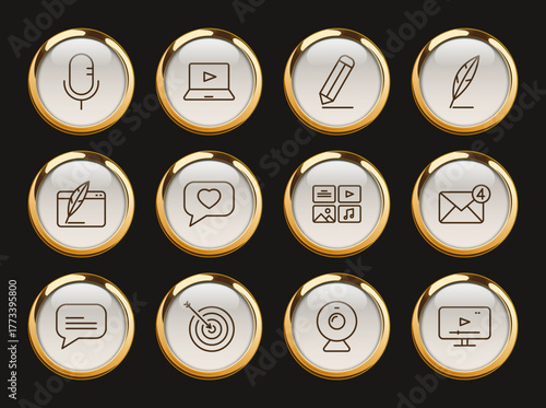 blog gold rimmed vector icons. blogger icon set for web and ui design, mobile apps and print polygraphy and promo advertising business