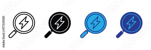 Magnifying glass with lightning bolt symbol, representing search for energy, power, or quick results