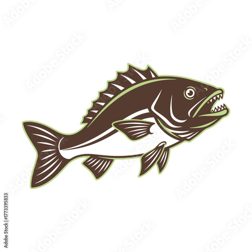 Stylized fish illustration, aggressive predatory aquatic creature, vector graphic art design, fishing icon