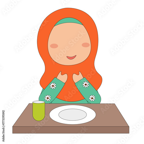 Vector illustration of a Muslim girl praying before eating, with hands raised in du’a — perfect for Islamic education materials, children’s storybooks, or moral lessons about gratitude.