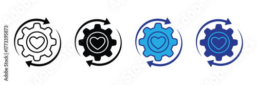 Four variations of a gear with a heart inside and circular arrows indicating rotation, isolated on white background