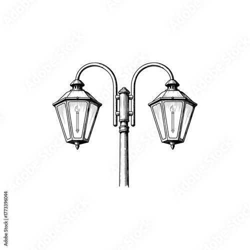 Vintage double street lamp sketch, old classic outdoor lighting, engraved style street light illustration