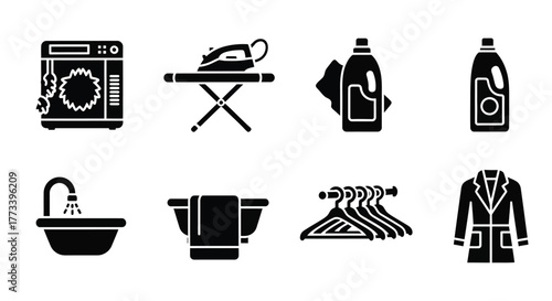 Laundry and bathroom icon set simple black glyph illustration web isolated on white background