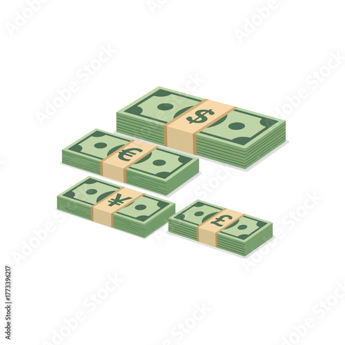Isometric stacks of money, featuring dollar, euro, yen, and pound currency bills, symbolizing global finance.