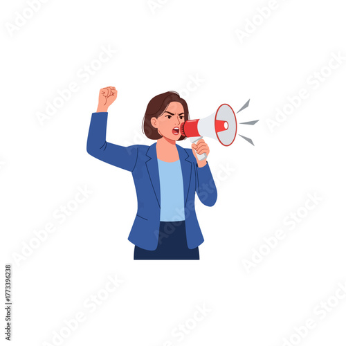 Powerful woman using megaphone, raising fist, expressing strong opinions, leadership, or activism.