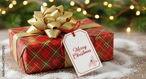 A festive Christmas gift wrapped in plaid paper with a gold bow and a tag that reads Merry Christmas.