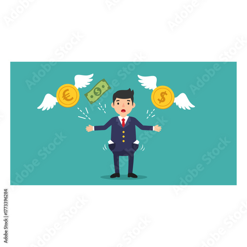 Shocked businessman with empty pockets, money flying away, representing financial loss, debt, and economic crisis