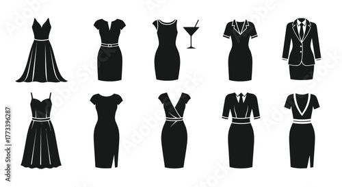Set of little black dress icons elegant fashion silhouettes formal wear isolated on white background