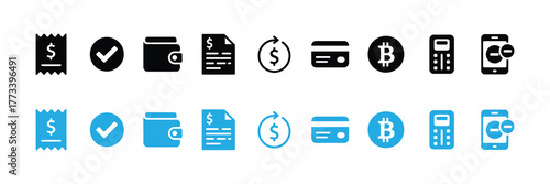 Set of finance and payment icons in black and blue on a white background