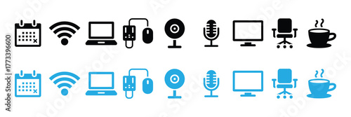 Collection of black and blue icons representing office and technology items, isolated on white background