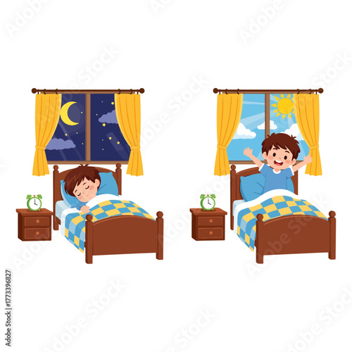 Cute boy sleeping soundly at night, then happily waking up in the bright morning, daily routine
