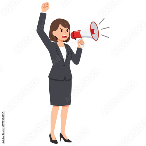Determined businesswoman raises a fist, advocating with a megaphone, conveying important messages.
