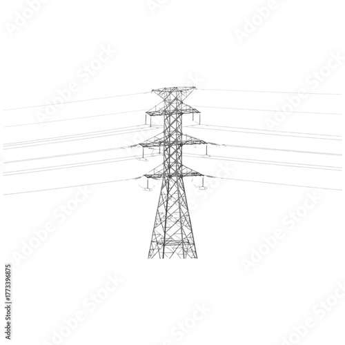 High voltage electricity pylon with power lines, modern energy transmission infrastructure, white background.