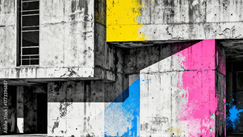 Aesthetics backgrounds of the 1990s with style of retro risographs grainy color fades, large shapes, exaggerated
figures and layering of different subject matter.