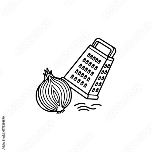 Line art illustration of a kitchen grater and a fresh whole onion, cooking ingredient