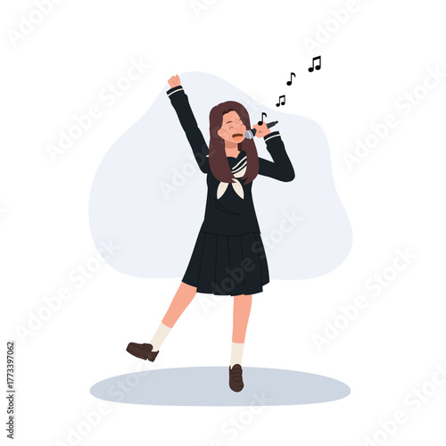 japanese schoolgirl singing. cute japanese student singing karaoke. girl performing joyful pop culture