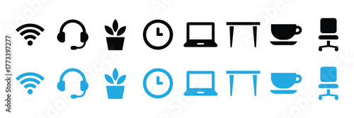 Set of icons representing office and remote work elements, including wifi, headphones, plant, clock, laptop, desk, coffee cup, and chair, isolated on white background
