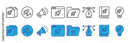 Collection of startup icons in black and white and blue, representing business growth, ideas, and project management