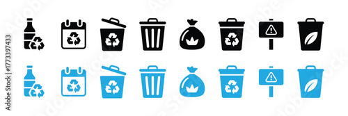 Collection of recycling and trash icons in black and blue, isolated on white background