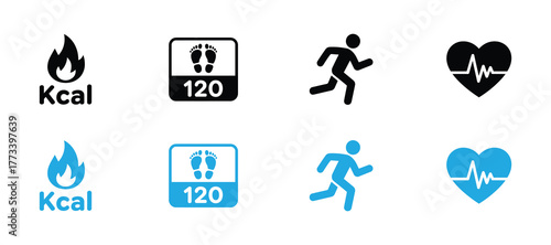 Collection of health and fitness icons including calorie, step count, running person, and heart rate monitor