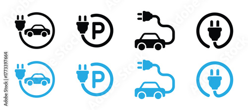 Set of electric car charging station icons and symbols in black and blue colors