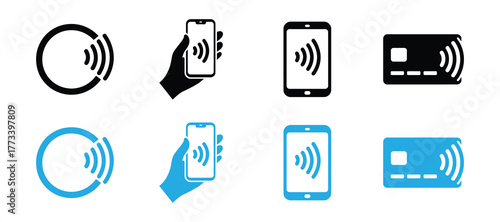 Set of icons representing contactless payment technology with smartphones and credit cards, isolated on white background