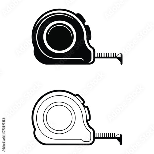 Measuring Tape Icon Set – Black and White Construction Tool Symbol for Measurement, Repair, and Engineering Design