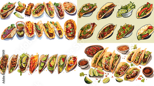 Colorful Mexican taco illustration set featuring various fillings, sauces, and garnishes. Delicious street food concept for restaurant menu, culinary design, or cultural food art.