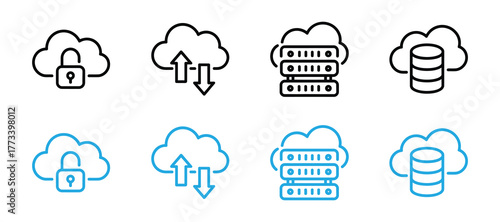 Cloud computing icons set security, data transfer, server, database, isolated on white background