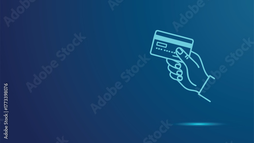 Futuristic Neon Line Art of a Hand Holding a Credit Card, Illustrating Secure Digital Payment Technology, Banking, and E-commerce Transactions on a Dark Blue Background