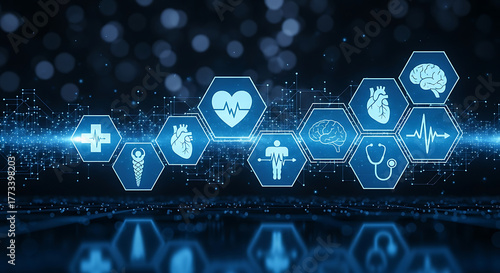 Digital healthcare network with medical icons representing technology, innovation, and interconnected health services for modern medicine