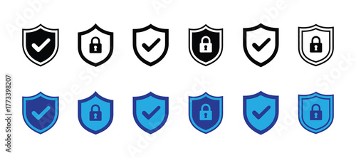 Set of shield icons with checkmarks and locks, representing security and protection, isolated on white background