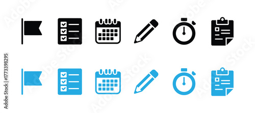 Set of icons representing planning, tasks, and time management, isolated on white background