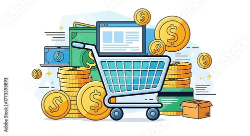 Online shopping cart concept featuring money and a computer screen, representing e-commerce