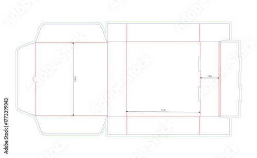 Precision technical blueprint of a blank packaging box template, illustrating fold and cut lines with essential dimensional specifications for manufacturing and assembly design