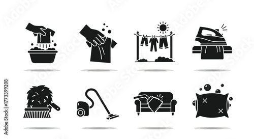 Set of black and white cleaning icons simple glyph illustration household chores isolated on white background