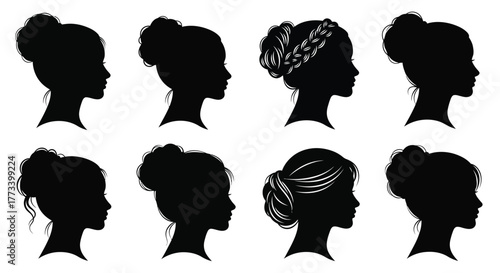 Set of woman hairstyle silhouettes various elegant hair bun styles in profile view illustration isolated on white