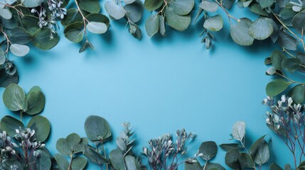 Exclusive photo of eucalyptus and dried flowers frame a pastel blue background.