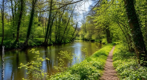 Scenic River View Through Lush Green Forest in Springtime.