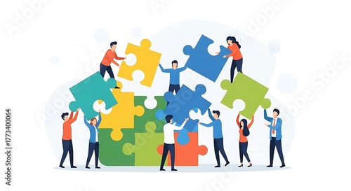 Teamwork and collaboration illustrated by diverse people assembling a large jigsaw puzzle
