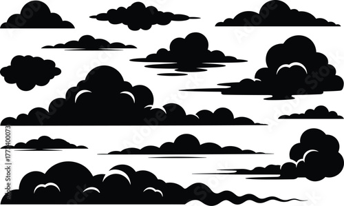 Collection of black silhouette clouds on white background