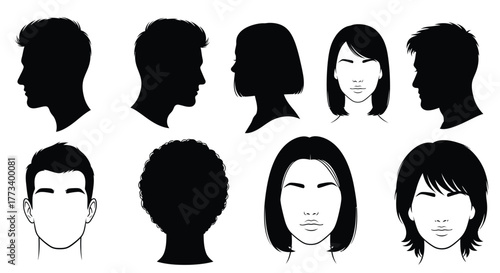 Set of diverse head silhouettes illustration of various hairstyles isolated on white background