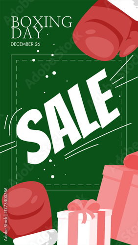 Boxing day sale vector banner template. Funny holiday vertical design. Bright color graphic poster layout. Big red glove, wrapped gift boxes with ribbon icons. Winter discounts ads. Social media story