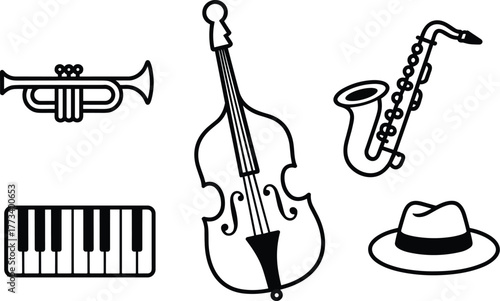 Trumpet double bass saxophone piano keyboard fedora hat